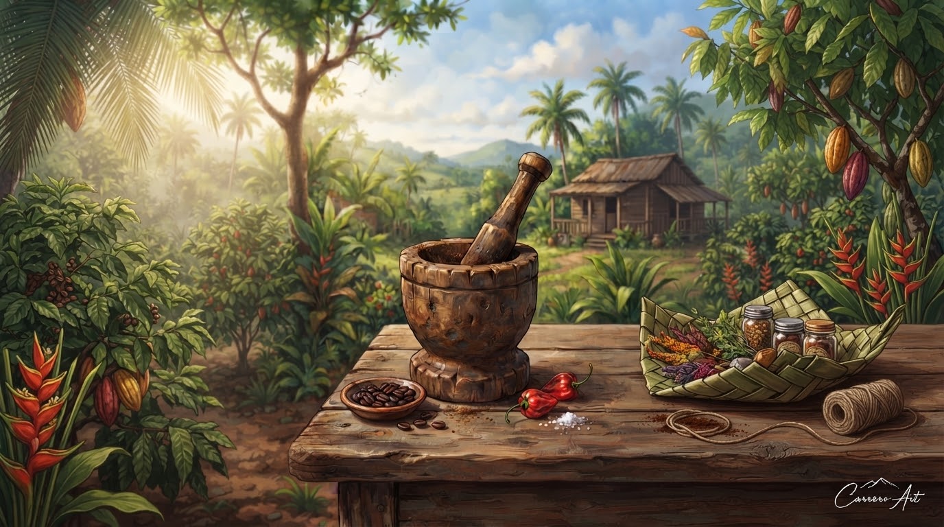Ilustración de CarreroArt: pilón de madera sobre una mesa de campo, entre café y especias.