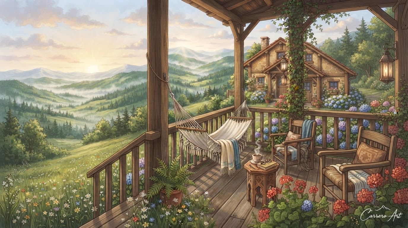 Ilustración de CarreroArt: hamaca de algodón en un balcón de madera entre flores y montañas.