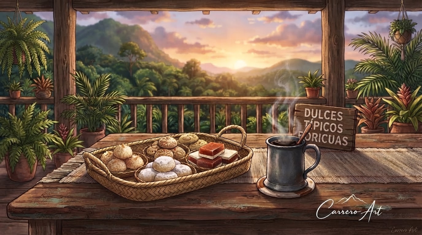 Ilustración de CarreroArt: bandeja de dulces criollos con besitos de coco y pasta de guayaba junto a un negrito de café en un balcón con vista a la montaña.