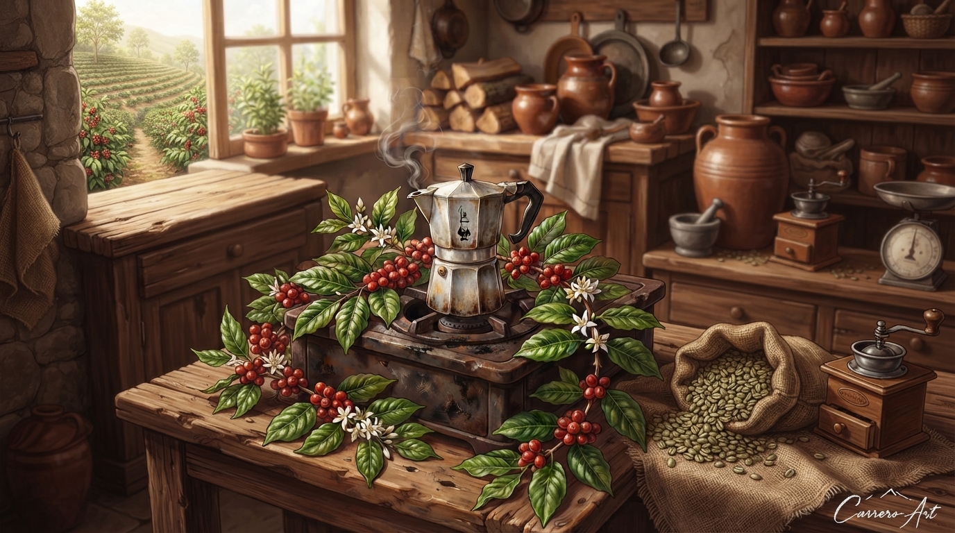 Ilustración de CarreroArt: cafetera tradicional con ramas de café en una cocina rústica.