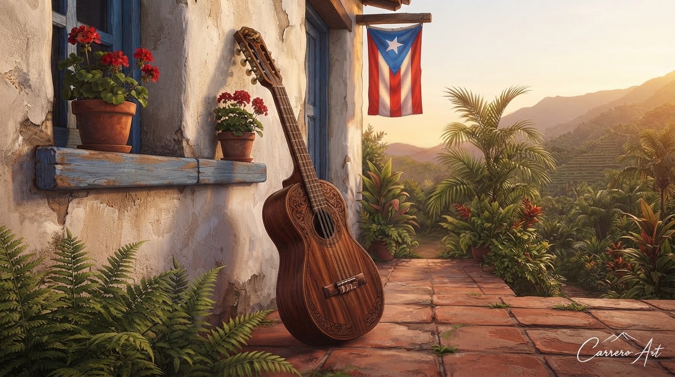 Ilustración de CarreroArt: cuatro junto a una casa con bandera de Puerto Rico y vista a las montañas.