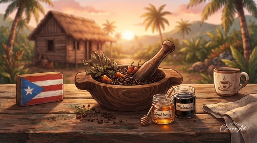 Ilustración de CarreroArt: pilón, café, miel y especias con bandera de Puerto Rico frente a un bohío.